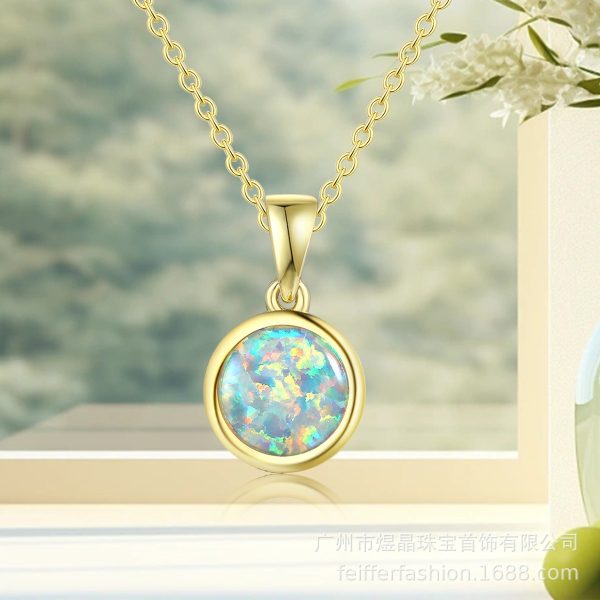 925 Opal Opal Pendant Necklace Small Chain Round Charm Necklace is suitable for ladies wedding party - Image 2
