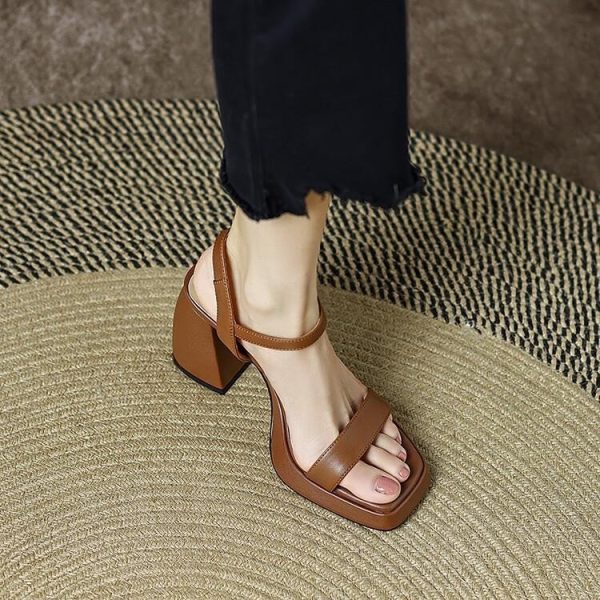 Summer Korean version of simple one-line with open toe, square toe, thick heel women's sandals, ankle straps, fashionable commuter high heels - Image 4