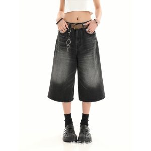 Summer American retro loose small man old-fashioned denim women's high street design sense wide leg 7 points pants summer cross