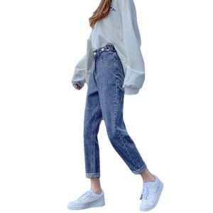Net red thin section adjustable high-waisted jeans women's summer new Korean version wide-leg nine-point straight tube radish harem pants tide