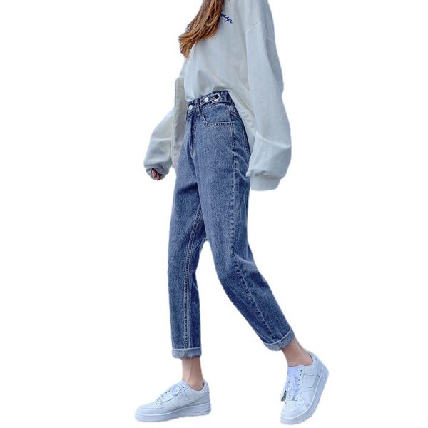 Net red thin section adjustable high-waisted jeans women's summer new Korean version wide-leg nine-point straight tube radish harem pants tide - Image 5