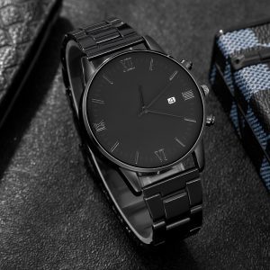 Men's Trend Roman Numeral Fashion Watch 4 Piece Set Men's Black Minimalist Quartz Watch Set