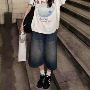American high street vintage washed wide-leg denim shorts, women's versatile mids, loose straight cropped pants