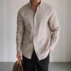 American cotton and linen cargo shirt men's breathable slim long sleeve business casual commuter shirt linen sun protection cardigan thin