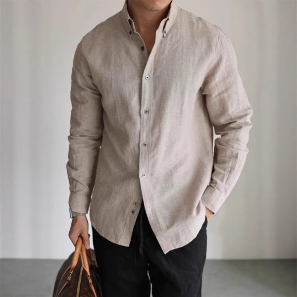 American cotton and linen cargo shirt men's breathable slim long sleeve business casual commuter shirt linen sun protection cardigan thin - Image 3