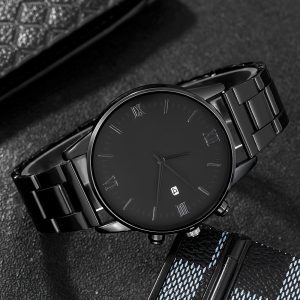 Men's Trend Roman Numeral Fashion Watch 4 Piece Set Men's Black Minimalist Quartz Watch Set