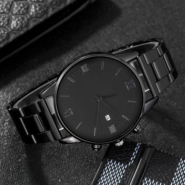 Men's Trend Roman Numeral Fashion Watch 4 Piece Set Men's Black Minimalist Quartz Watch Set - Image 3