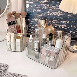 Light luxury storage box, desktop cosmetics pen holder, makeup storage bucket, Nordic style transparent trapezoidal cosmetics shelf