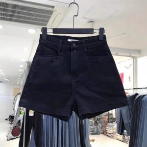 Summer black high waist denim shorts women's plus size fat mm pear shape body stretch crotch cover skinny a-line pants hot pants