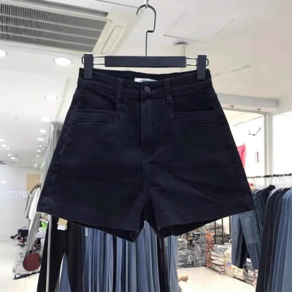 Summer black high waist denim shorts women's plus size fat mm pear shape body stretch crotch cover skinny a-line pants hot pants