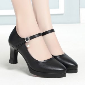 Casual etiquette high heels, leather shoes, soft leather platform shoes, thick heel catwalk shoes, platform strap women's shoes