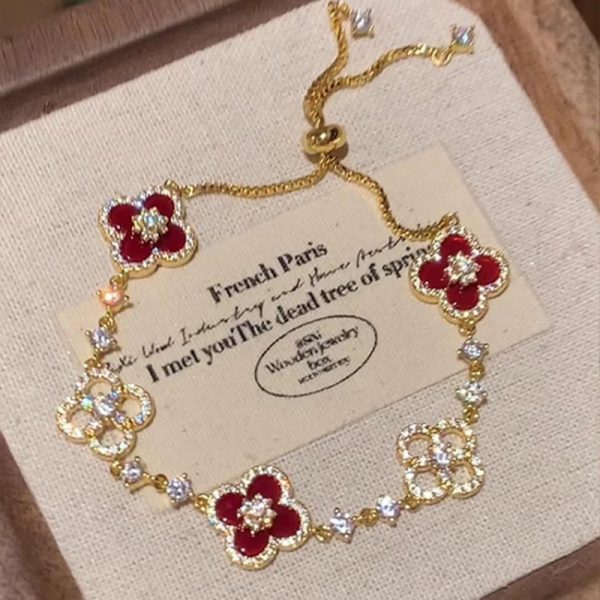 [Qi Dream Flower Oath] golden sense lucky four-leaf clover bracelet delicate white light luxury French adjustable hand ornament women - Image 4
