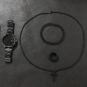 Men's Trend Roman Numeral Fashion Watch 4 Piece Set Men's Black Minimalist Quartz Watch Set