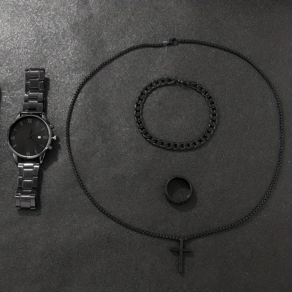 Men's Trend Roman Numeral Fashion Watch 4 Piece Set Men's Black Minimalist Quartz Watch Set - Image 4