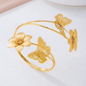 Metal imitation pearl retro French design sense upper arm bracelet butterfly flower multi-geometric armband adjustable niche women