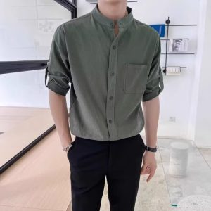 Linen Shirt Men's Short Sleeve Summer 2024 New Chinese High-end Cotton Linen Stand Collar Solid Color Casual Shirt Half Sleeve