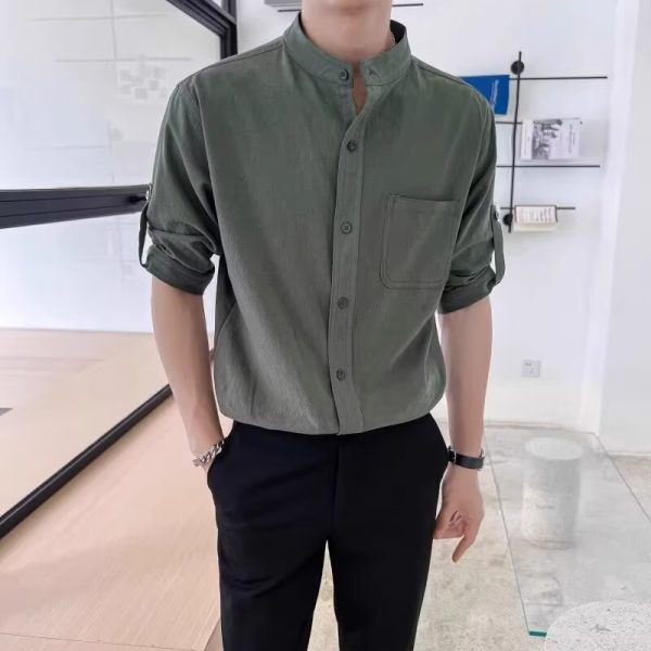 Linen Shirt Men's Short Sleeve Summer 2024 New Chinese High-end Cotton Linen Stand Collar Solid Color Casual Shirt Half Sleeve - Image 4
