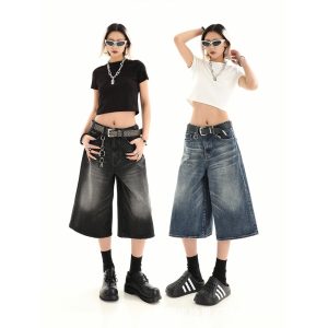 Summer American retro loose small man old-fashioned denim women's high street design sense wide leg 7 points pants summer cross