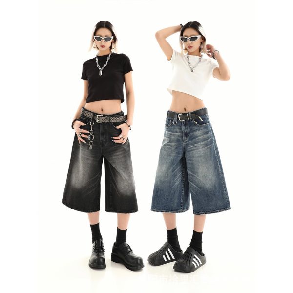 Summer American retro loose small man old-fashioned denim women's high street design sense wide leg 7 points pants summer cross - Image 2