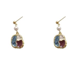 Oil painting feeling retro Hong Kong style irregular color blocking baroque pearl earrings women's French niche temperament fashion ear clips