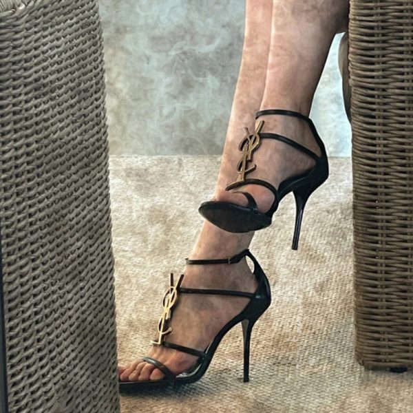 Slotted Sandals Women's Summer 2024 New Sexy Versatile Letter-Buckle Stiletto Heel Open Toe Black Stiletto Heel Heels