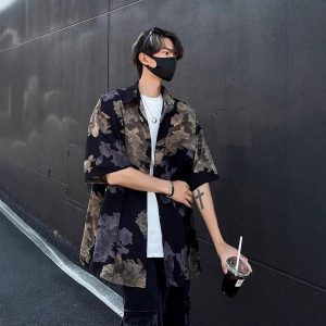 Loose American retro trendy brand short-sleeved flower shirt men's new Chinese style Hong Kong style high-end ruffian handsome shirt men's new products