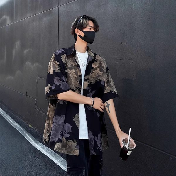 Loose American retro trendy brand short-sleeved flower shirt men's new Chinese style Hong Kong style high-end ruffian handsome shirt men's new products - Image 2