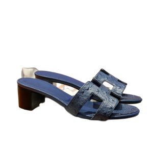 Foreign trade high version H ostrich pattern block heel slippers women's 5CM leather high heels on the beach wear a word sandals and slippers
