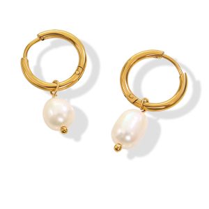 French vintage earrings freshwater pearl hoop earrings titanium steel 18K gold plated jewelry ins cold wind
