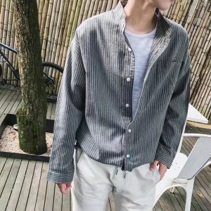 2022 Spring and Autumn New Stand Up Collar Striped Long Sleeve Shirt Men's Trendy Thin Shirt Student Casual Top Men's