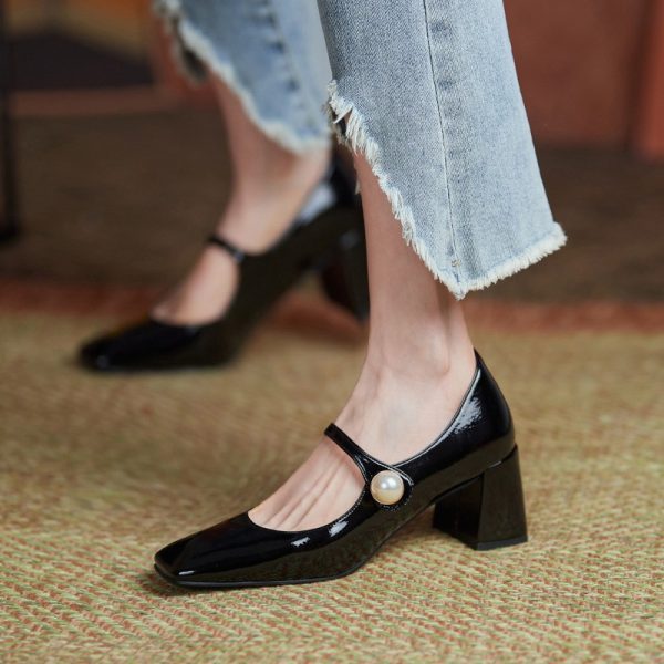 2024 New Spring Red Strap High HeelsMary Jane ShoesPatent Leather Square Toe Block Heel Shoes Wedding Shoes Women - Image 2