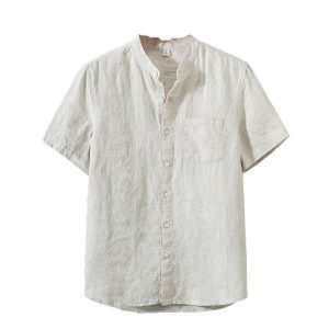 Solid color linen shirt men's short-sleeved summer base breathable thin linen clothes Chinese style retro casual top