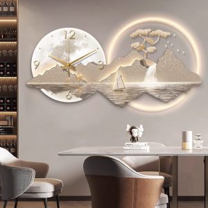 Rizhao Jinshan Restaurant is decorated with light luxury, high-end atmosphere, dining room with clock, hanging wall, living room, creative wall clock