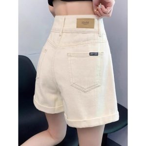Off-white denim shorts women's summer thin 2025 new loose slimming A-line ultra-high waist rolled up hot pants