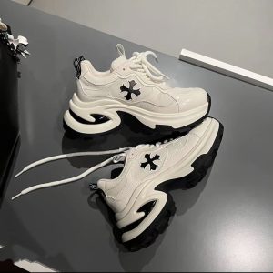 HEIGHT: 7CM~ LEATHER CROSS FLOWER THICK-SOLED DAD SHOES WOMEN'S NEW BREATHABLE RUNNING SHOES CASUAL SNEAKERS IN SPRING