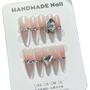 Pure handmade wearable nails 4.0 thin dog ice transparent peach gradient metering cat's eye pearl crushed diamond bo ice white peach nails