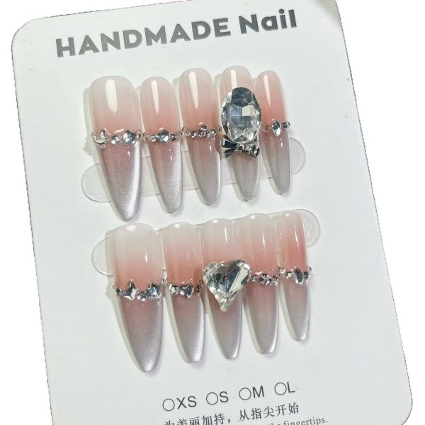 Pure handmade wearable nails 4.0 thin dog ice transparent peach gradient metering cat's eye pearl crushed diamond bo ice white peach nails - Image 5