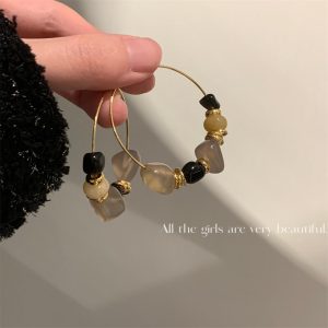 French vintage niche design agate natural stone metal beaded vintage earrings unique ins cold resort style