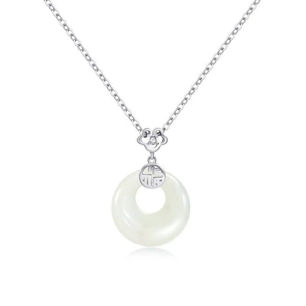 S999 sterling silver natural white chalcedony safety buckle necklace women's new Chinese style national ancient style niche high-end sense - Image 5