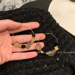 French vintage niche design agate natural stone metal beaded vintage earrings unique ins cold resort style