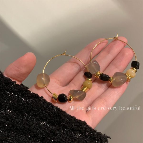 French vintage niche design agate natural stone metal beaded vintage earrings unique ins cold resort style