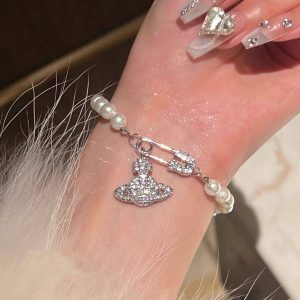 Saturn pearl bracelet women's silver full of diamonds, light luxury, niche delicate design, high-end retro ins-style bracelet