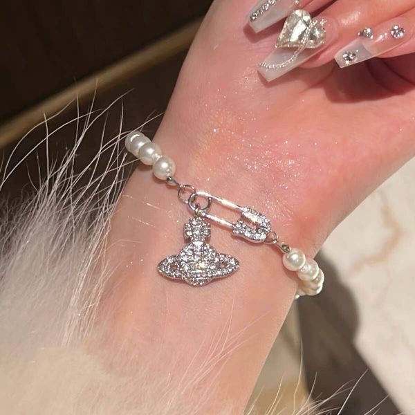 Saturn pearl bracelet women's silver full of diamonds, light luxury, niche delicate design, high-end retro ins-style bracelet - Image 2
