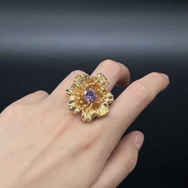 French Elegant Purple Zircon Flower Earrings Ring Set Gilded Flower Medieval Plain Gold Gardenia Flower Stud Earrings - Image 3