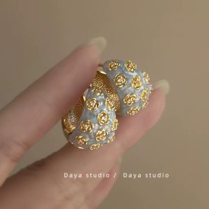 Embossed haze blue French retro drop glaze rose flower zircon earrings women's light luxury sense of luxury niche temperament