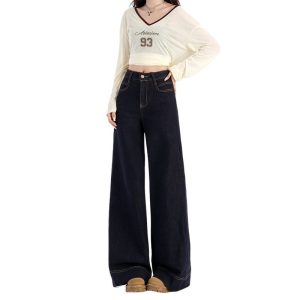 Denim blue non-fading jeans women's spring 2025 new american retro loose wide-leg small straight pants