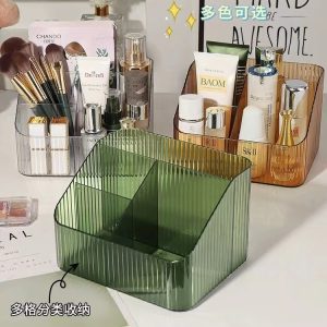 Light luxury storage box, desktop cosmetics pen holder, makeup storage bucket, Nordic style transparent trapezoidal cosmetics shelf