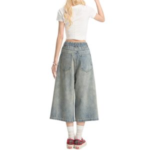 Puppy embroidered jeans, women's new summer pants, plus size fat mm shorts, slimming wide leg, seven-point mid pants