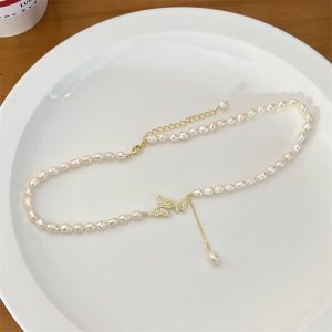 Natural freshwater pearl necklace women's micro-inlaid zircon butterfly pendant light luxury fashion niche necklace wholesale