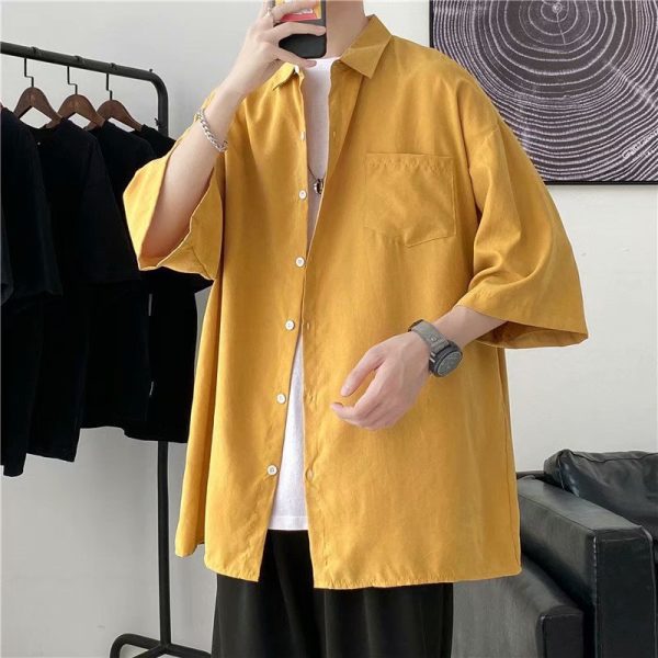 Summer solid color short-sleeved shirt, men's Korean version, trendy, versatile, loose, Hong Kong-style, Japanese-style literary bf, five-quarter sleeve top - Image 4